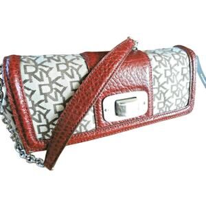 Dkny Mini Shoulder Handbag Jacquard & Red Leather Nappa Chain Clutch Purse New